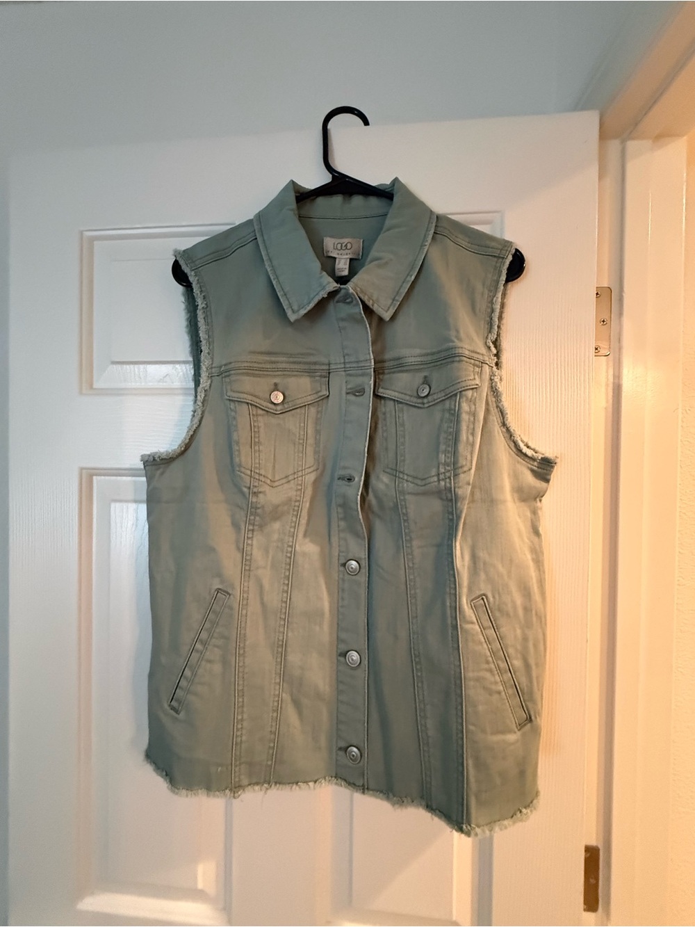 LOGO by Lori Goldstein Sage Green Denim Vest Size 12 Raw Edge Sleeveless Jacket